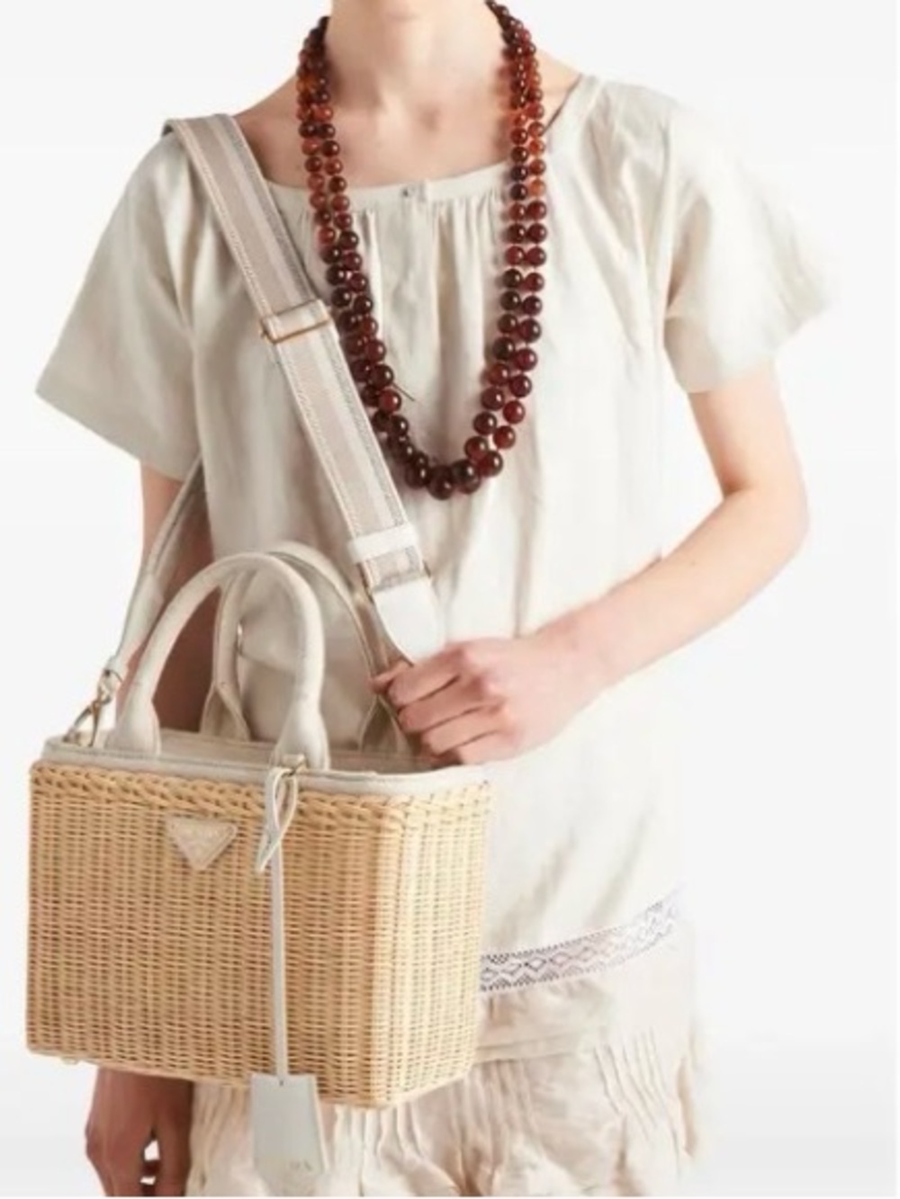 Prada White Leather & Natural Wicker Tote - Picture 12 of 15